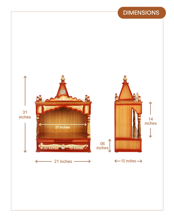 Divya Prakostha Pooja Mandir Wall Mount without Door (Teak Gold) dimensions