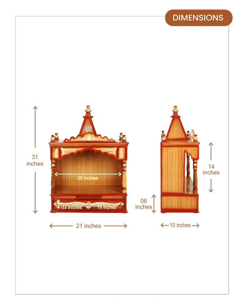 Divya Prakostha Pooja Mandir Wall Mount without Door (Teak Gold) dimensions
