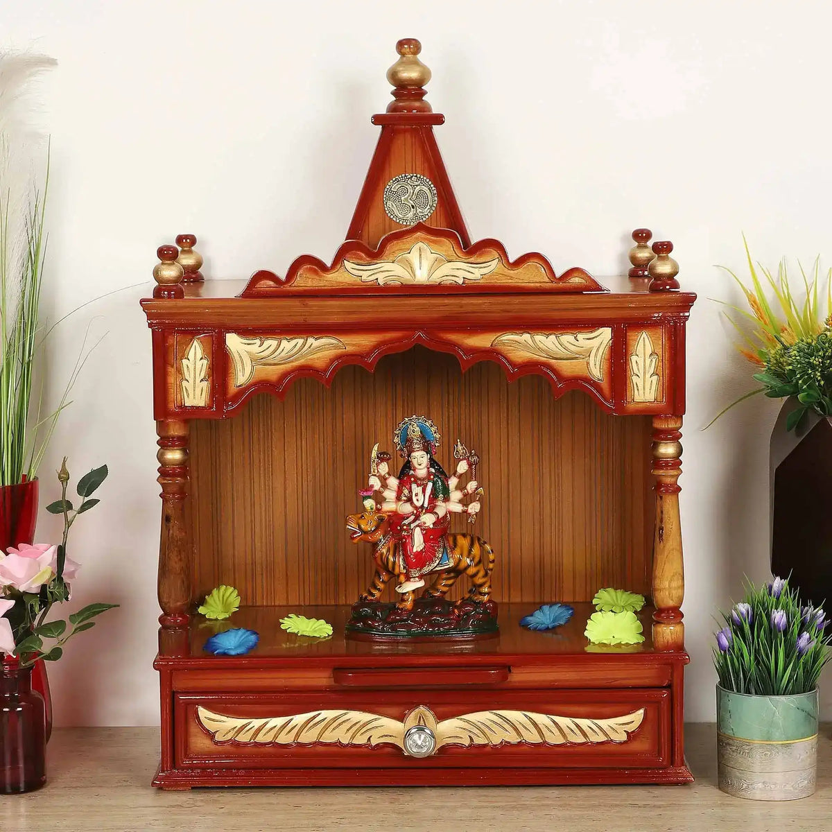 Divya Prakostha Pooja Mandir Wall Mount without Door (Teak Gold) lifestyle view