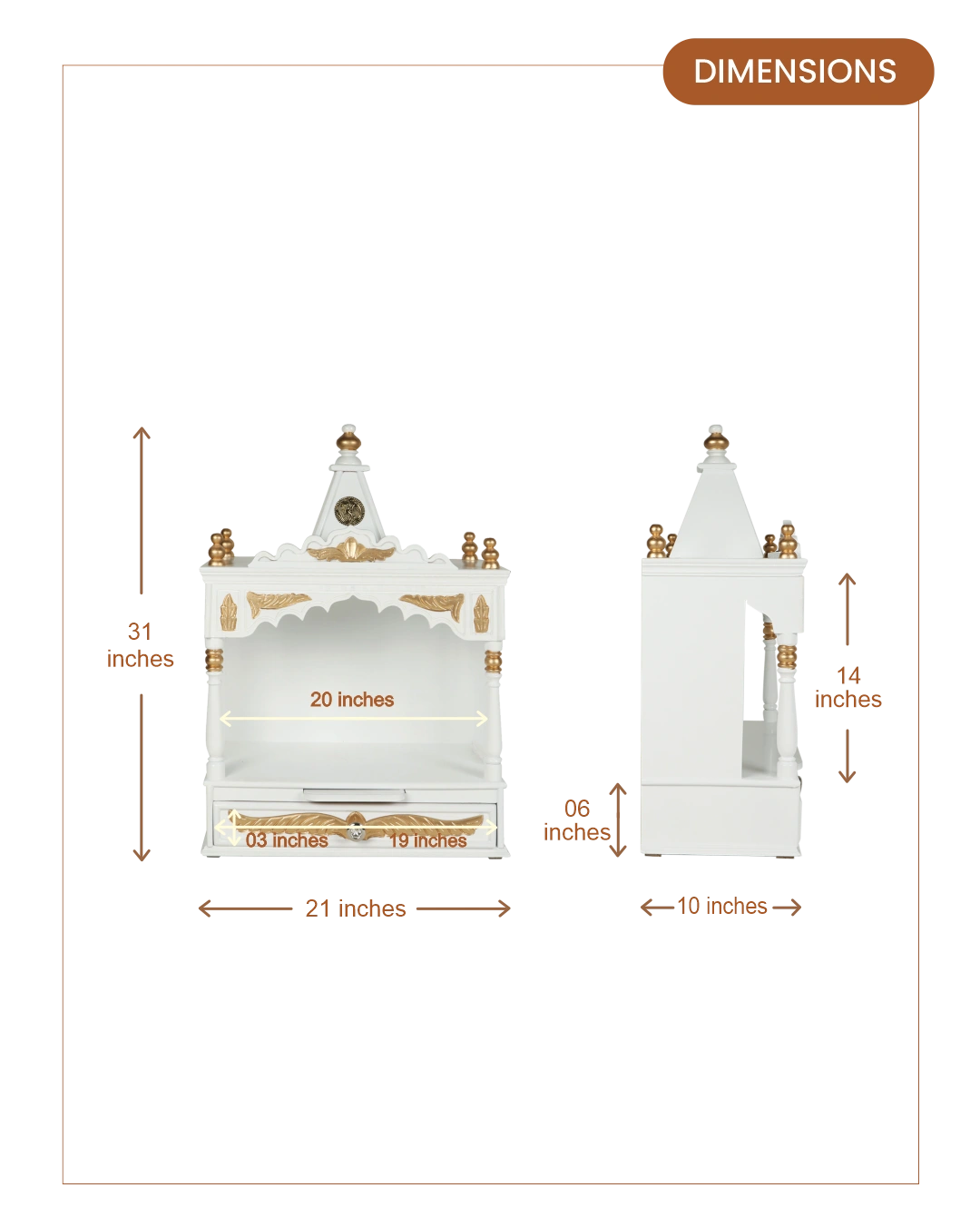 Divya Prakostha Pooja Mandir Wall Mount without Door (White Gold) (Limited Edition) dimensions