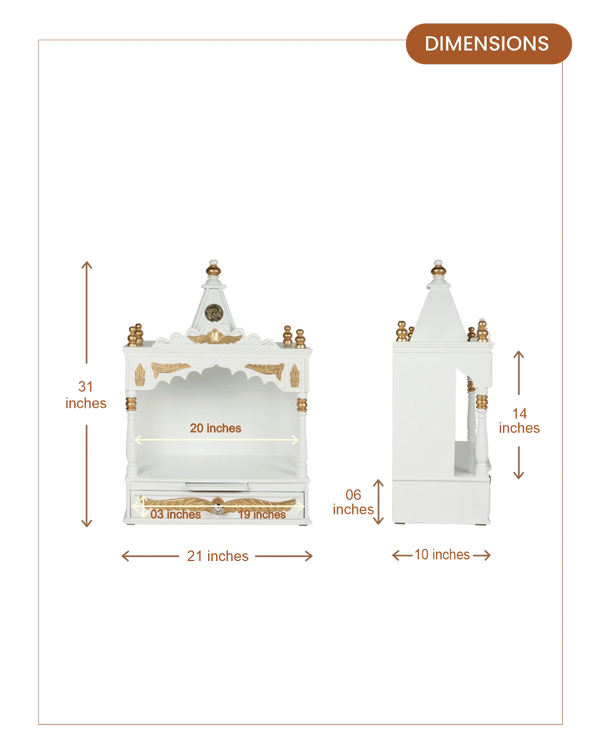 Divya Prakostha Pooja Mandir Wall Mount without Door (White Gold) (Limited Edition) dimensions