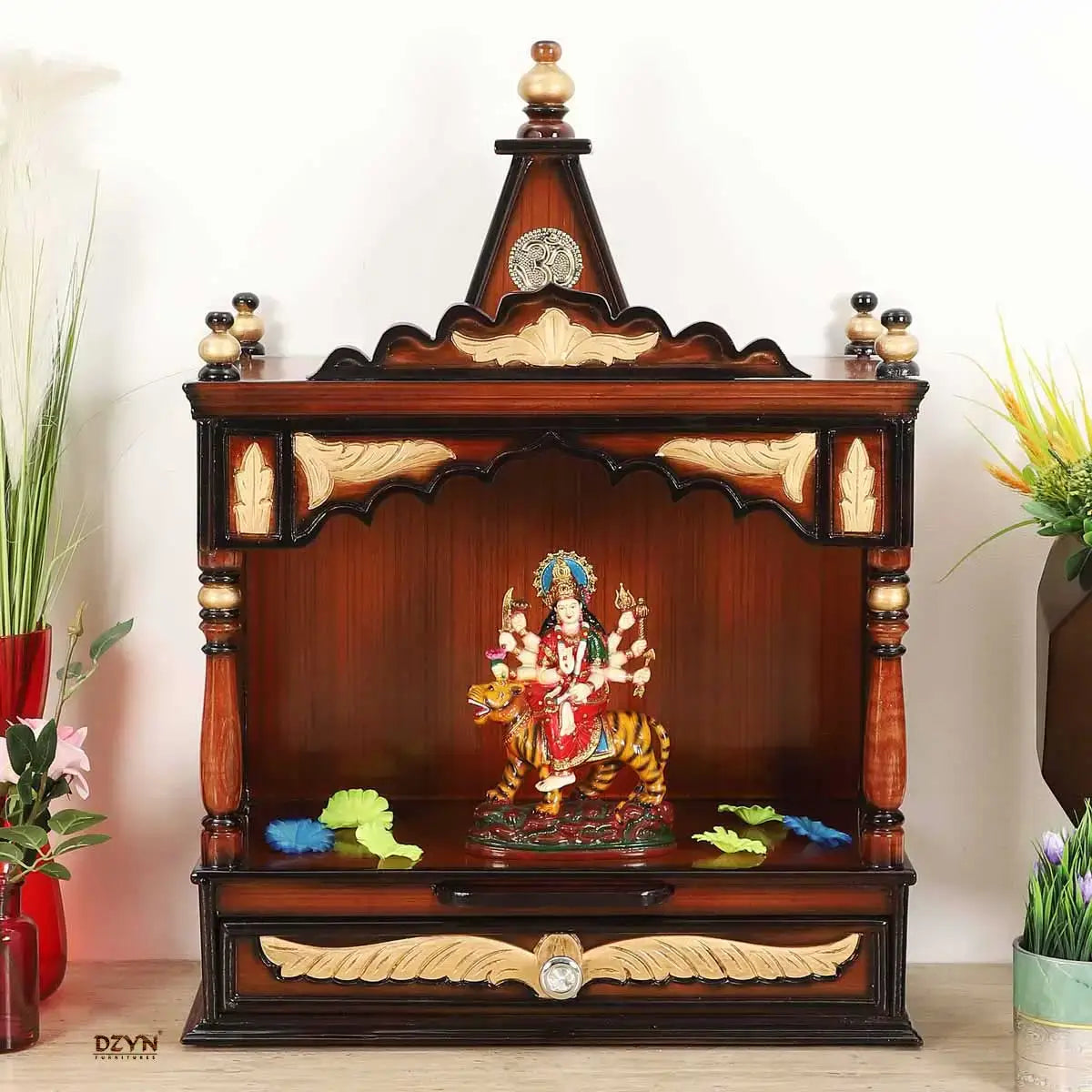 Divya Prakostha Pooja Mandir Wall Mount without Door Brown Gold color lifestyle image