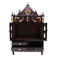 Divya Darshan Floor Rested Pooja Mandir/Wooden temple with doors for home in Brown Gold color front view open drawers