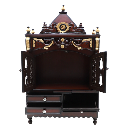 Divya Darshan Floor Rested Pooja Mandir/Wooden temple with doors for home in Brown Gold color front view open drawers