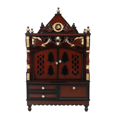 Divya Darshan Floor Rested Pooja Mandir/Wooden temple with doors for home in Brown Gold color front view