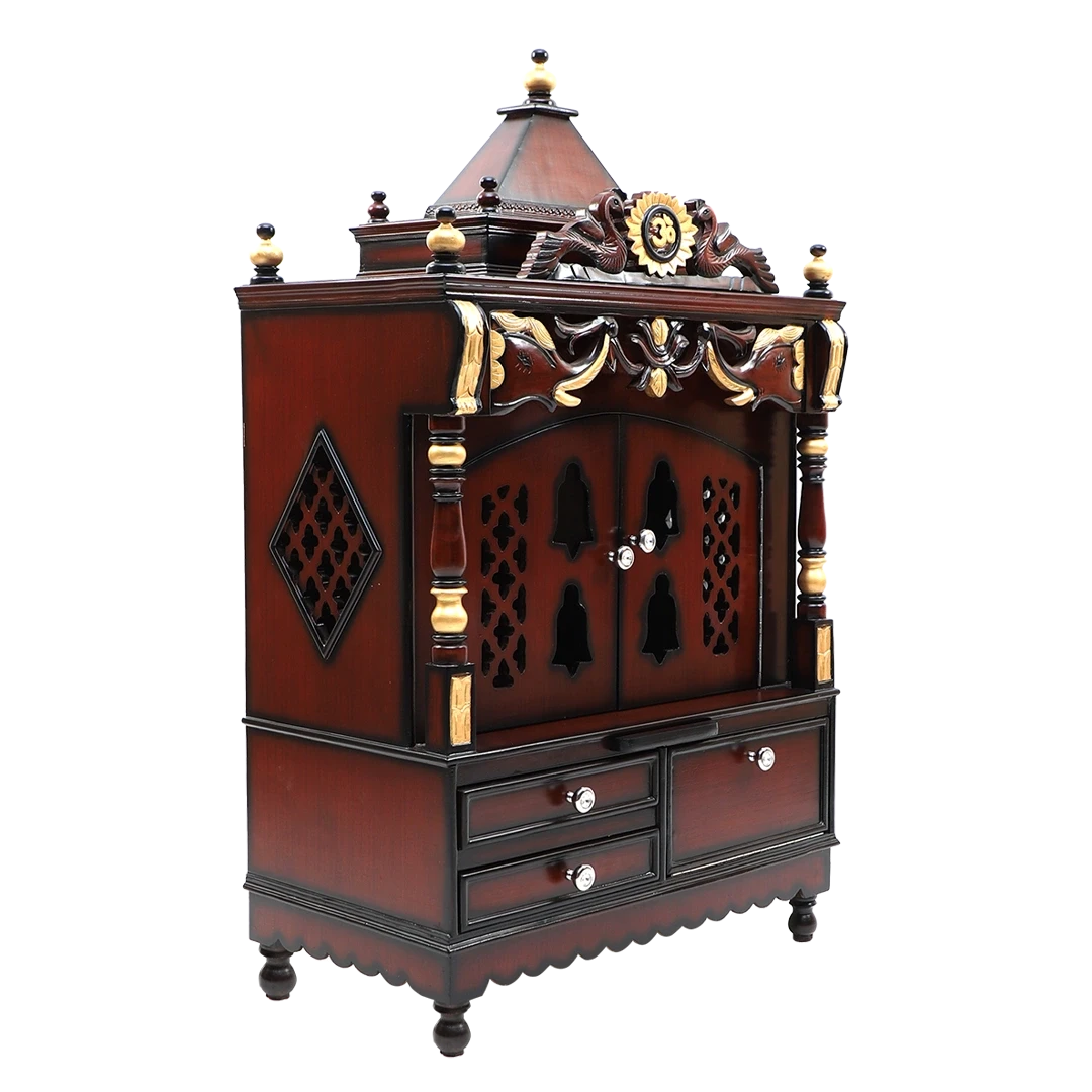 Divya Darshan Floor Rested Pooja Mandir/Wooden temple with doors for home in Brown Gold color 45° side view