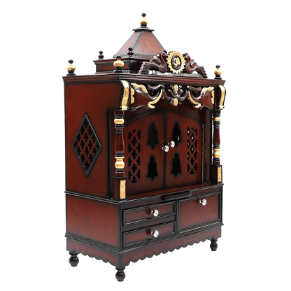 Divya Darshan Floor Rested Pooja Mandir/Wooden temple with doors for home in Brown Gold color 45° side view