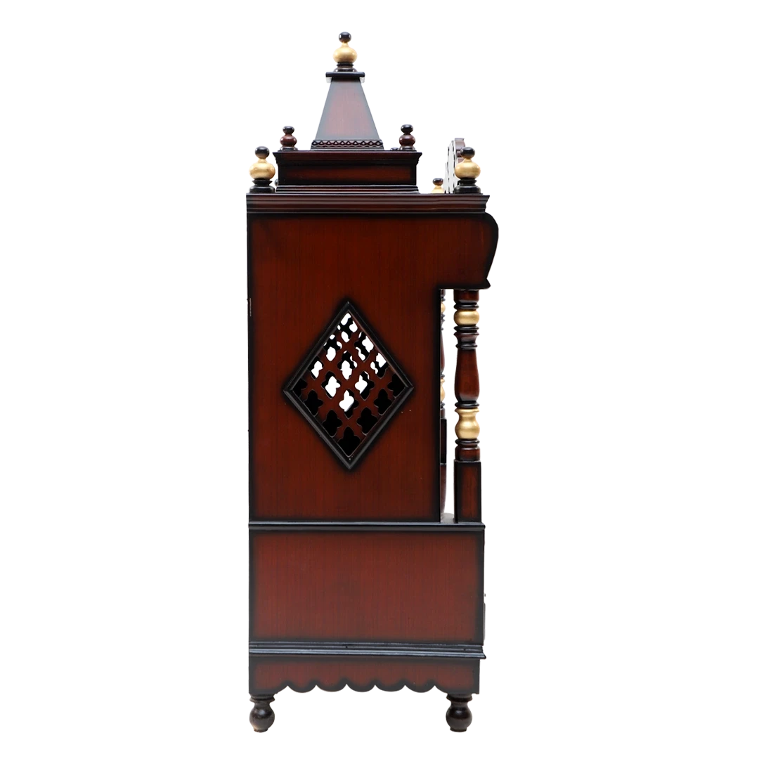 Divya Darshan Floor Rested Pooja Mandir/Wooden temple with doors for home in Brown Gold color side view featuring jali design and Pillars