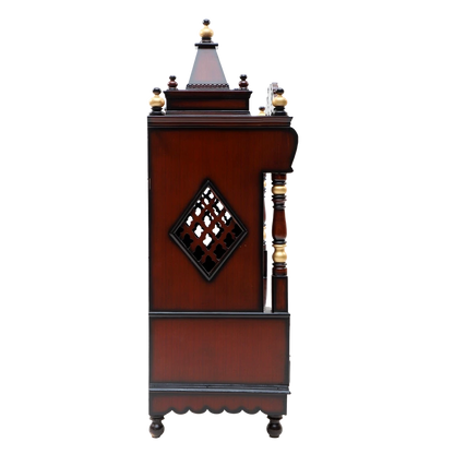 Divya Darshan Floor Rested Pooja Mandir/Wooden temple with doors for home in Brown Gold color side view featuring jali design and Pillars