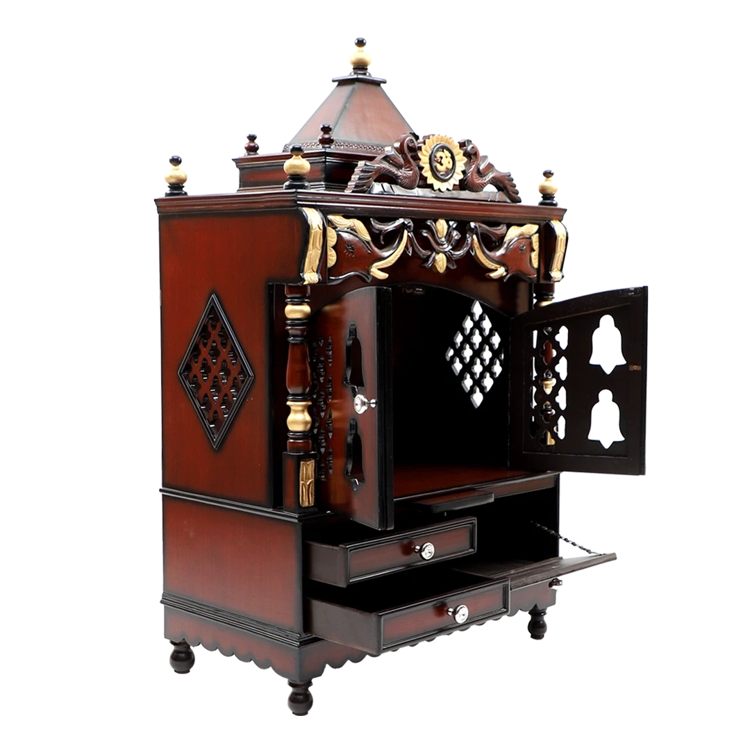 Divya Darshan Floor Rested Pooja Mandir/Wooden temple with doors for home in Brown Gold color 45° side view open drawers