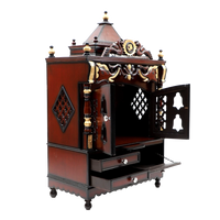 Divya Darshan Floor Rested Pooja Mandir/Wooden temple with doors for home in Brown Gold color 45° side view open drawers