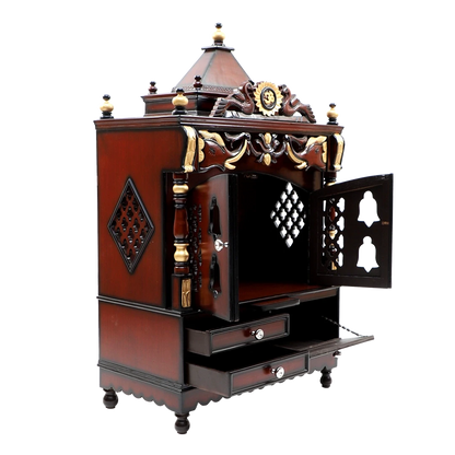 Divya Darshan Floor Rested Pooja Mandir/Wooden temple with doors for home in Brown Gold color 45° side view open drawers