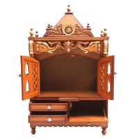 Divya Darshan Floor Rested Pooja Mandir/Wooden temple with Door for home in Teak Gold color front view open drawers