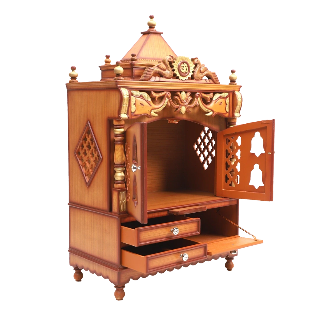 Divya Darshan Floor Rested Pooja Mandir/Wooden temple with Door for home in Teak Gold color side view open drawers