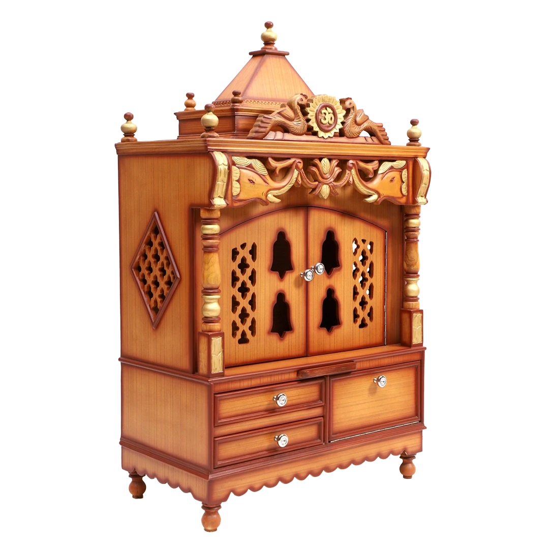 Divya Darshan Floor Rested Pooja Mandir/Wooden temple with Door for home in Teak Gold color 45° side view