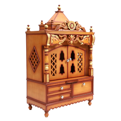 Divya Darshan Floor Rested Pooja Mandir/Wooden temple with Door for home in Teak Gold color 45° side view