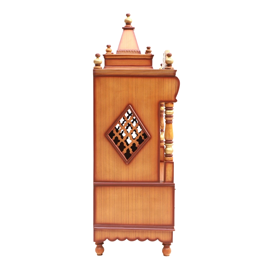 Divya Darshan Floor Rested Pooja Mandir/Wooden temple with Door for home in Teak Gold color side view featuring jali design and Pillars