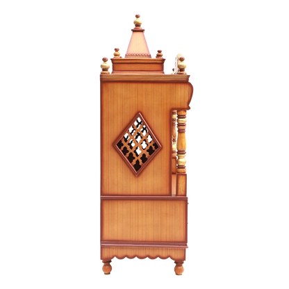 Divya Darshan Floor Rested Pooja Mandir/Wooden temple with Door for home in Teak Gold color side view featuring jali design and Pillars