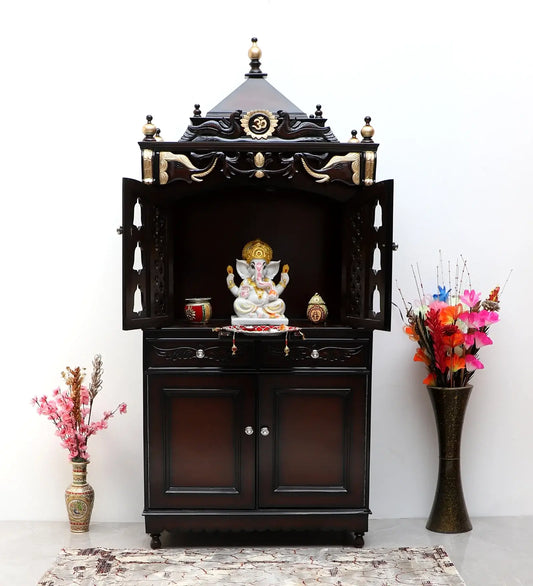Divya Dham Large Floor Rested Pooja Mandap with Door Brown Gold color  lifestyle image