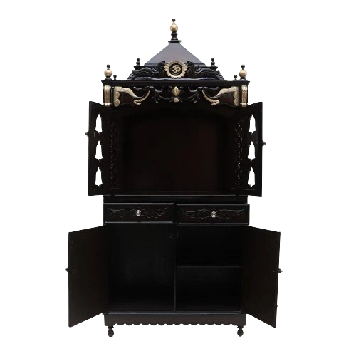 Divya Dham Large Floor Rested Pooja Mandap/Wooden temple with doors for home in Brown Gold color front view open drawers
