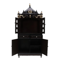 Divya Dham Large Floor Rested Pooja Mandap/Wooden temple with doors for home in Brown Gold color front view open drawers