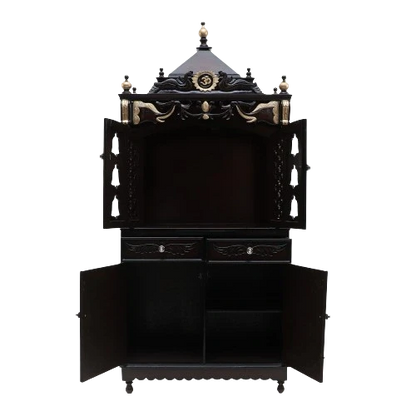 Divya Dham Large Floor Rested Pooja Mandap/Wooden temple with doors for home in Brown Gold color front view open drawers