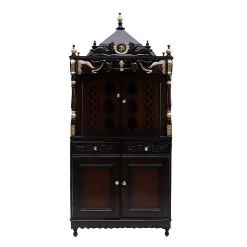 Divya Dham Large Floor Rested Pooja Mandap/Wooden temple with doors for home in Brown Gold color front view