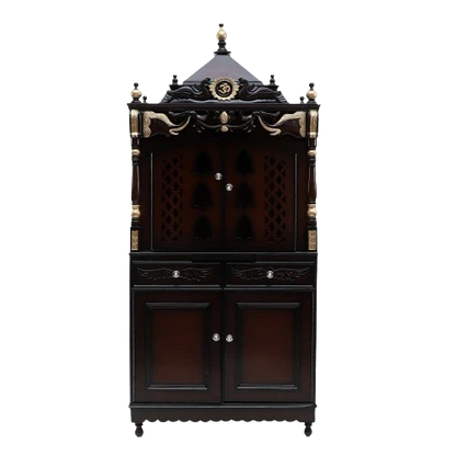 Divya Dham Large Floor Rested Pooja Mandap/Wooden temple with doors for home in Brown Gold color front view