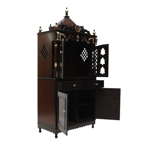 Divya Dham Large Floor Rested Pooja Mandap/Wooden temple with doors for home in Brown Gold color 45° side view open drawers
