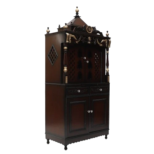 Divya Dham Large Floor Rested Pooja Mandap/Wooden temple with doors for home in Brown Gold color 45° side view