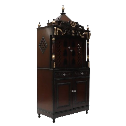 Divya Dham Large Floor Rested Pooja Mandap/Wooden temple with doors for home in Brown Gold color 45° side view