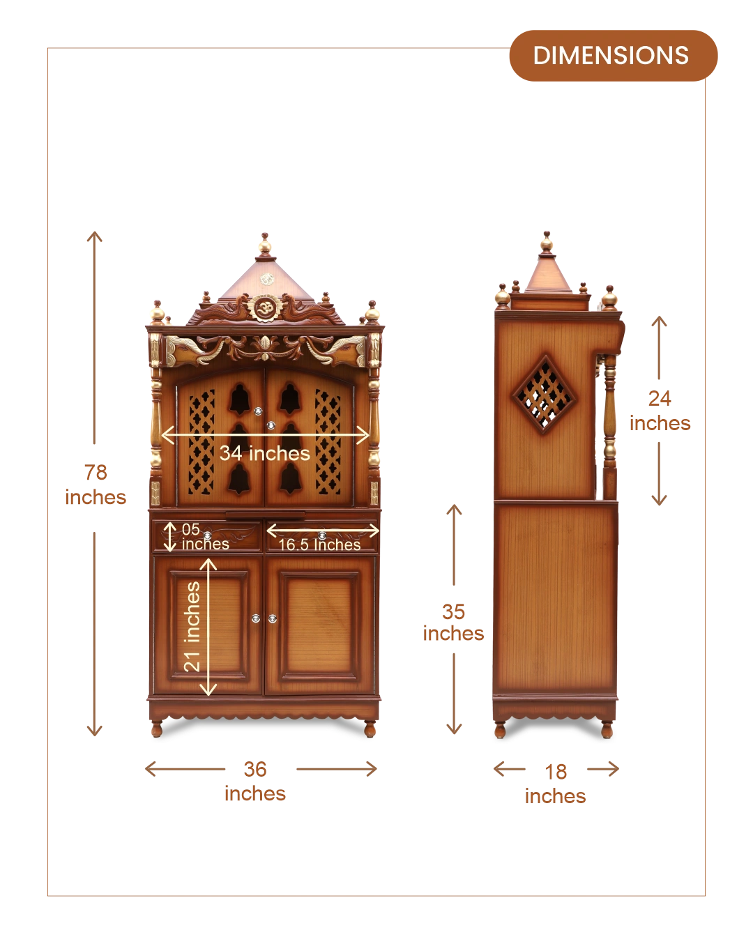 Divya Dham Large Floor Rested Pooja Mandap with Door (Teak Gold)