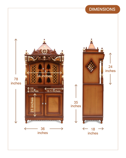 Divya Dham Large Floor Rested Pooja Mandap with Door (Teak Gold)