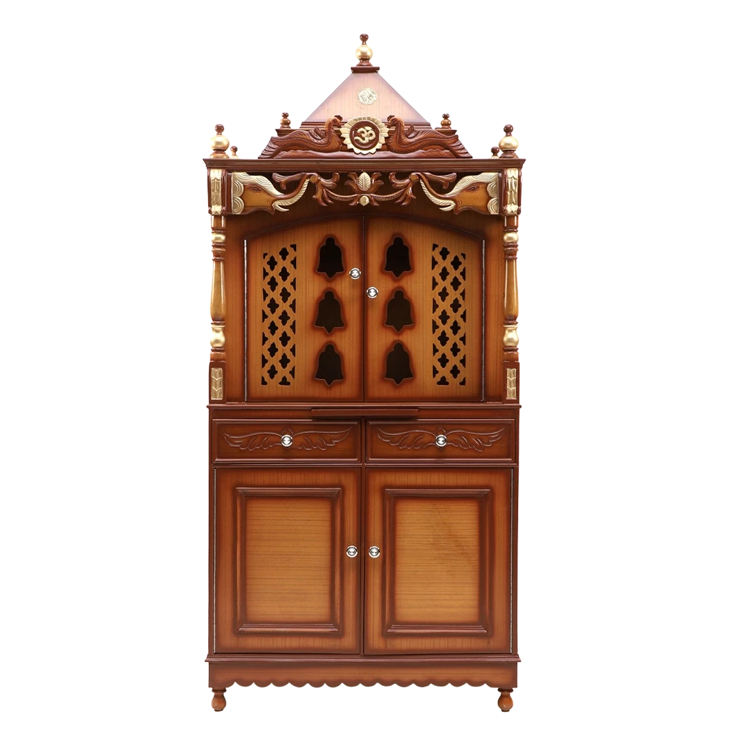 Divya Dham Large Floor Rested Pooja Mandap/Wooden temple with doors for home in Teak Gold color front view