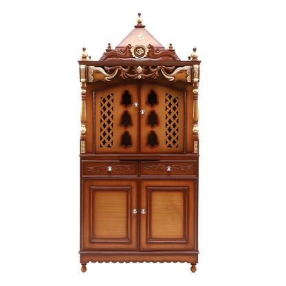 Divya Dham Large Floor Rested Pooja Mandap/Wooden temple with doors for home in Teak Gold color front view