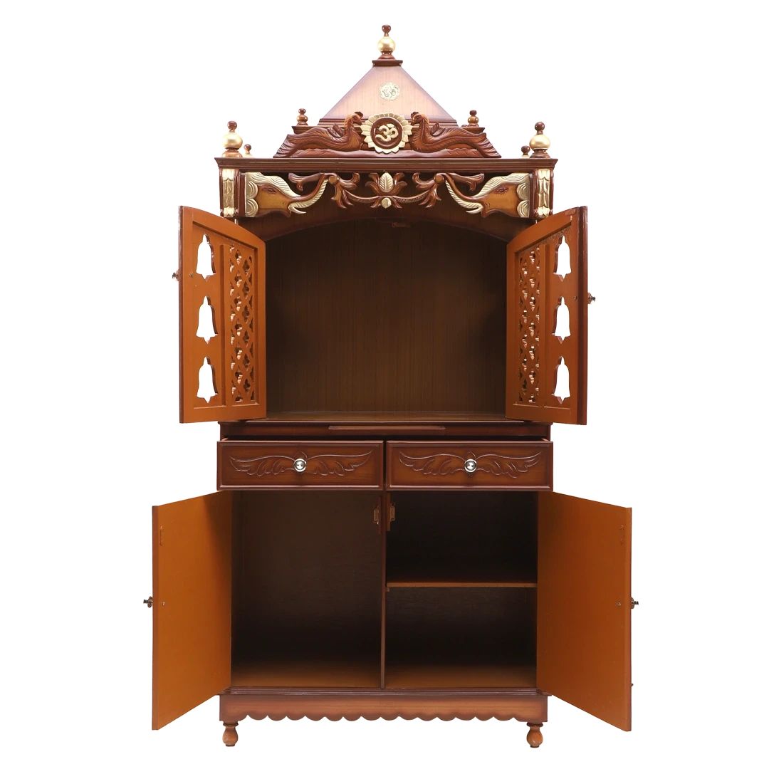 Divya Dham Large Floor Rested Pooja Mandap/Wooden temple with doors for home in Teak Gold color front view open drawers