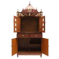 Divya Dham Large Floor Rested Pooja Mandap/Wooden temple with doors for home in Teak Gold color front view open drawers