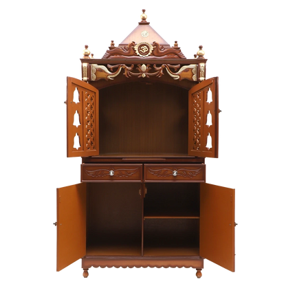 Divya Dham Large Floor Rested Pooja Mandap/Wooden temple with doors for home in Teak Gold color front view open drawers
