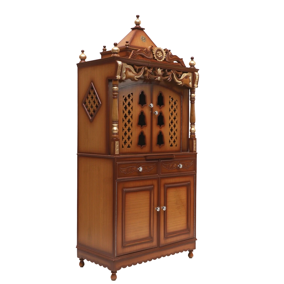 Divya Dham Large Floor Rested Pooja Mandap/Wooden temple with doors for home in Teak Gold color 45° side view
