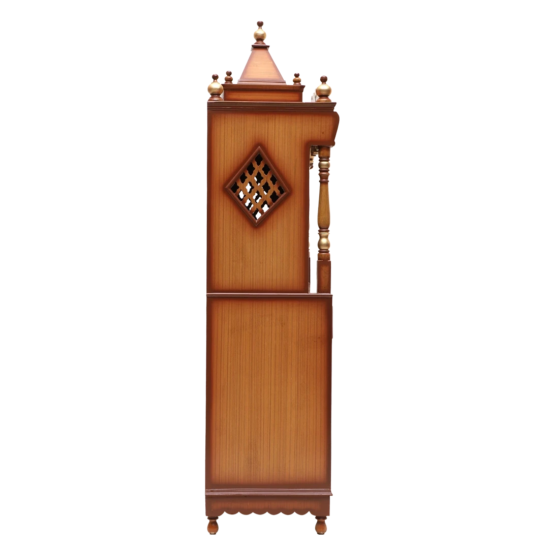 Divya Dham Large Floor Rested Pooja Mandap/Wooden temple with doors for home in Teak Gold color side view featuring jali design and Pillars