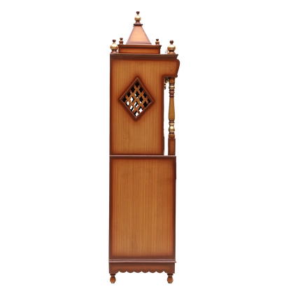 Divya Dham Large Floor Rested Pooja Mandap/Wooden temple with doors for home in Teak Gold color side view featuring jali design and Pillars