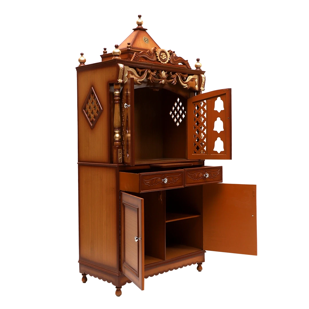 Divya Dham Large Floor Rested Pooja Mandap/Wooden temple with doors for home in Teak Gold color 45° side view open drawers