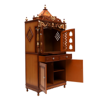 Divya Dham Large Floor Rested Pooja Mandap/Wooden temple with doors for home in Teak Gold color 45° side view open drawers