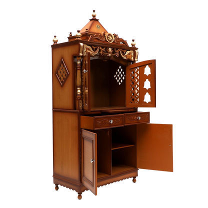 Divya Dham Large Floor Rested Pooja Mandap/Wooden temple with doors for home in Teak Gold color 45° side view open drawers