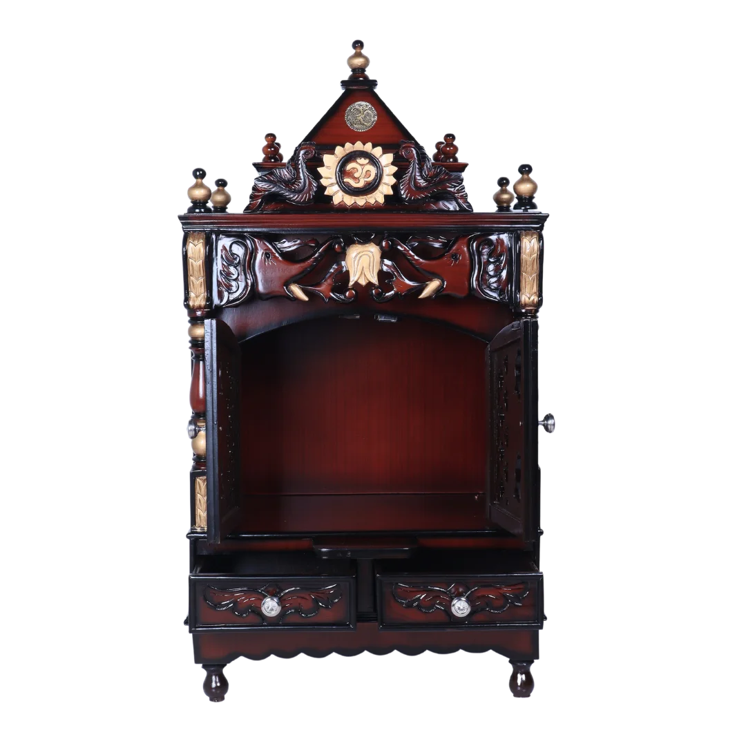 Divya Nivas Medium Floor Rested Pooja Mandir With Door (Brown Gold) front view open 