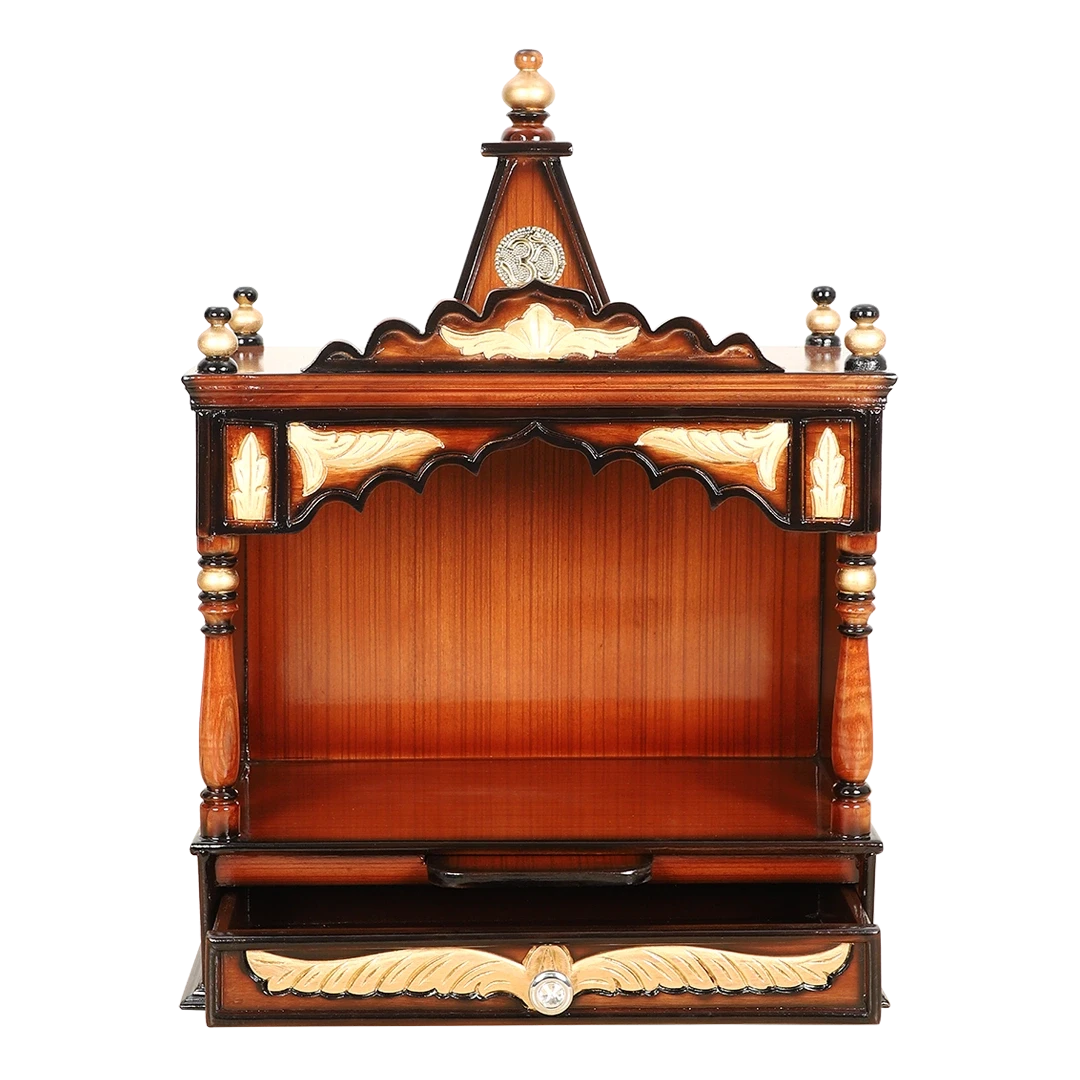 Divya Prakostha Pooja Mandir Wall Mount Pooja Mandir/Wooden temple for home in Brown Gold color front view open drawers