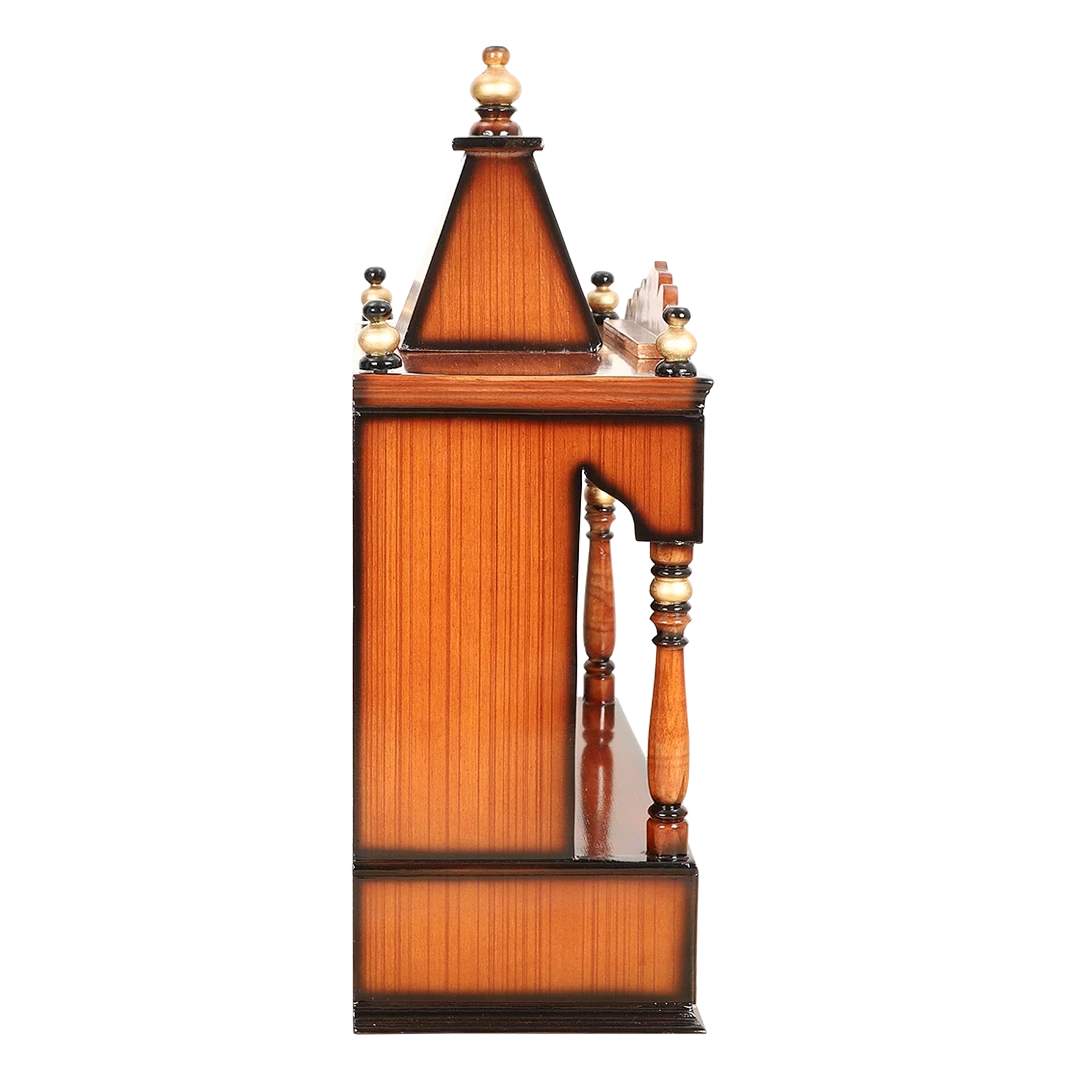 Divya Prakostha Pooja Mandir Wall Mount Pooja Mandir/Wooden temple for home in Brown Gold color side view featuring jali design and Pillars