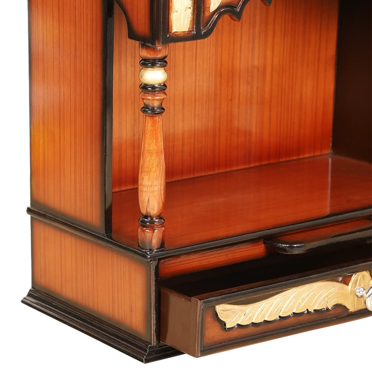Divya Prakostha Pooja Mandir Wall Mount Pooja Mandir/Wooden temple for home in Brown Gold color zoom view open drawers