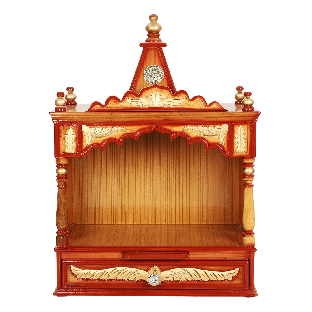 Divya Prakostha Pooja Mandir Wall Mount Pooja Mandir/Wooden temple for home in Teak Gold color front view
