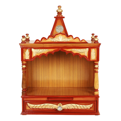 Divya Prakostha Pooja Mandir Wall Mount Pooja Mandir/Wooden temple for home in Teak Gold color front view